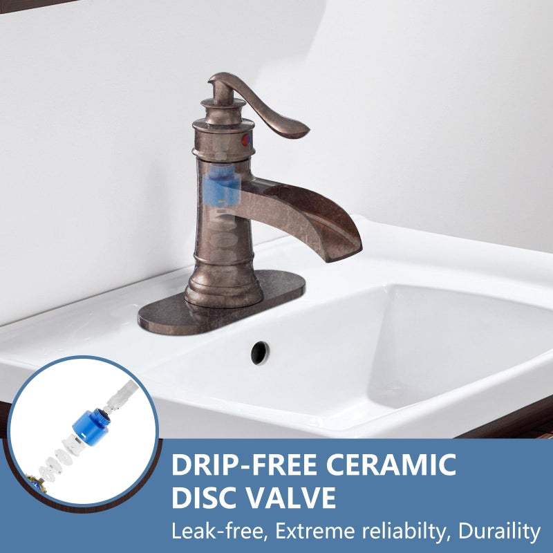 Homevacious Bathroom Faucet Copper Waterfall Bathroom Sink Faucets with Single Handle Rustic Vanity Farmhouse RV Faucet Suitable for 1 or 3 Holes with Pop-up Drain Deck Plate Hose - Image 4
